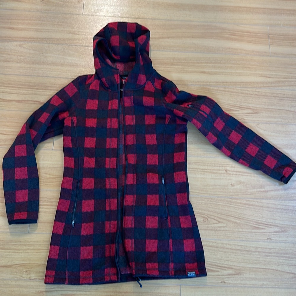 Ll bean small llBean Sweater Fleece Coat hooded check zip red